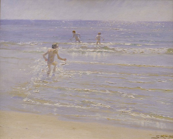 Peder Severin Kroyer, Sunshine at Skagen: Boys Swimming, 1892 (study) (Klassiker, Malerei, Meerebrise, Impressionismus, Norwegen, Meer, Strand, Badende, Buben, Jungs, Spaß, Sommer, Wohnzimmer, Wunschgröße, bunt)