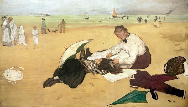 Edgar Degas, Beach scene: little girl having her hair combed by her nanny, c.1876-77 (oil on paper)