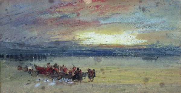 Joseph Mallord William Turner, Shore Scene, Sunset (w/c on paper) (Meer, Strand, Ruderboot, Sonnenuntergang, maritim, Meeresbrise, Romantik, Malerei, Klassiker, Wohnzimmer, Wunschgröße, bunt)
