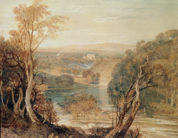 Joseph Mallord William Turner, The River Wharfe with a distant view of Barden Tower (Landschaft, Landschaftsmalerei, Yorkshire, England, Fluss, Panorama, Romantik, Malerei, Klassiker, Wohnzimmer, Wunschgröße, bunt)