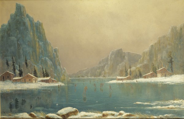 Nils Hans Christiansen, Skaters on a Lake, 19th century (Landschaft, Winterlandschaft, Schnee, verschneit, karg, kFelsen, See, Eisfläche, Schlittschuhläufer, Dänemark, Klassiker, Landschaftsmalerei, Wohnzimmer, Wunschgröße)