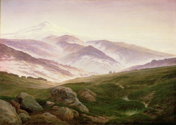 Caspar David Friedrich, Reisenberg, The Mountains of the Giants, 1839 (Landschaftsmalerei, Berge, Gebirge, Dunst, Nebel, Bergpfad Klassiker, Wohnzimmer, Malerei, Romantik,  Wunschgröße, bunt)