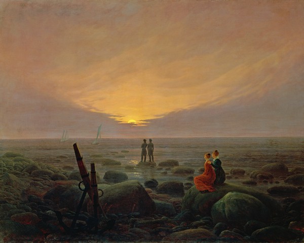 Caspar David Friedrich, Moon Rising Over the Sea, 1821 (oil on canvas) (Meer, Küste, Steine, Horizont, Mondaufgang, Zuschauer, mystisch, Klassiker, Wohnzimmer, Malerei, Romantik,  Wunschgröße, bunt)