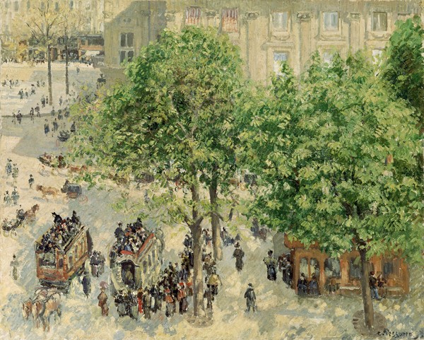 Camille Pissarro, Place du Theatre-Francais, Spring, 1898 (Paris, Stadt, Hauptstadt, Straße, Platz, Kutschen, Vogelperspektive, Frühling, Menschen, Alltagsszene, Frankreich, Impressionismus, Klassische Moderne, Wohnzimmer, Wunschgröße)