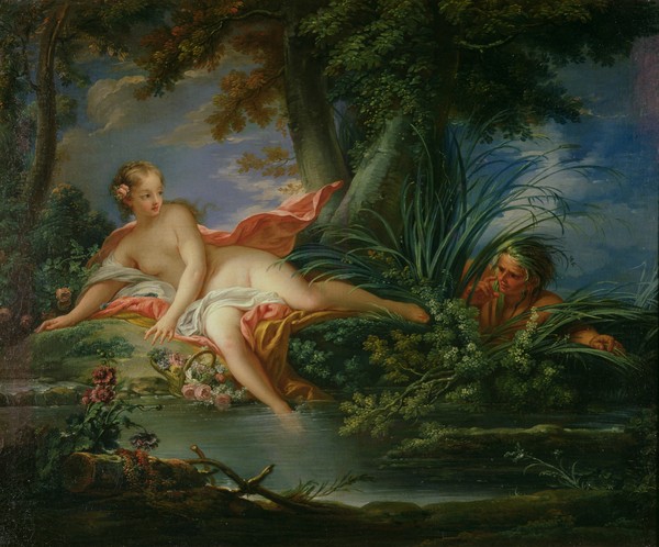 Francois Boucher, The Bather Surprised (Badende, Voyeur, Bad, Akt, nackt, Erotik, Landschaft, Rokoko, Malerei, Klassiker, Wunschgröße, Wohnzimmer, Schlafzimmer, bunt)