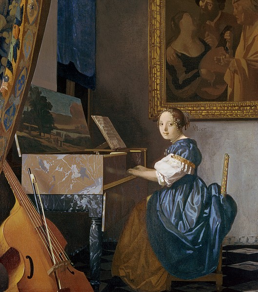 Jan Vermeer, A Young Lady Seated at a Virginal, c.1670 (oil on canvas) (Interieur, Zimmer, Einblick, Voyeur, Musikerin, junge Frau, Virginal, Instrumente, Cello, Malerei, Wunschgröße, Barock, Niederlande, goldenes Zeitalter, Wohnzimmer, bunt)