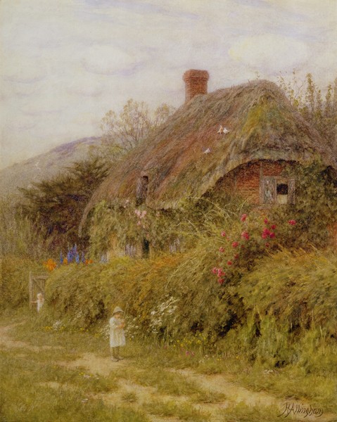 HELEN ALLINGHAM, Off Fishing, Surrey (w/c on paper) (Genremalerei, Landschaft, Garten, Cottage, Bauernhof, ländlich, Kinder, Blumen pflücken, Idylle, Harmonie, romantisierend, süßlich, Wohnzimmer, Wunschgröße, Malerei, bunt)