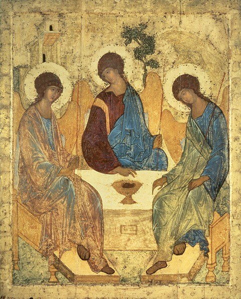 Andrei Rublev, The Holy Trinity, 1420s (tempera on wood) (for copy see 40956) (Ikone, 14. Jahrhundert, Dreifaltigkeit, Gott, Christus, heiliger Geist, Klassiker, russisch, Ikonenmalerei, Schlafzimmer, Wohnzimmer, Wunschgröße, gold/bunt)