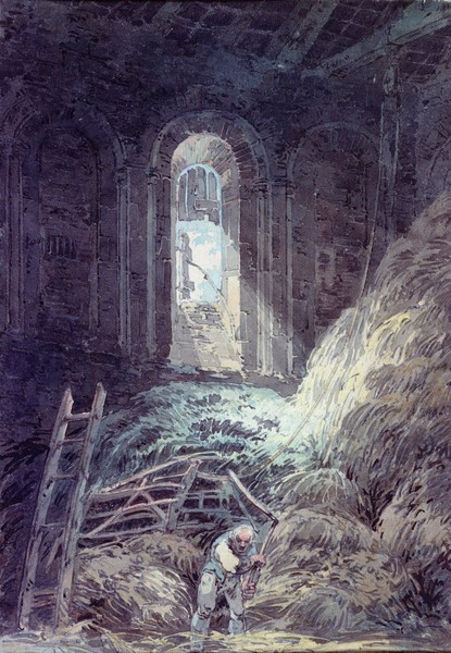 Joseph Mallord William Turner, A Barn, Interior of the Ruined Refectory of St. Martin's Priory, Dover, (w/c) (Ruine, Kirche, Gemäuer, Verfall, Scheune, Heu, Lager, Bauer,  Romantik, Malerei, Klassiker, Wohnzimmer, Wunschgröße, bunt)