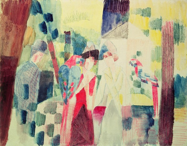 August Macke, Two Women and a Man with Parrots, 20th century