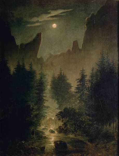 Caspar David Friedrich, Uttewalder Grund, c.1825 (oil on canvas) (Landschaft, Berge, Felsen, Tal, Felsentor, Bach, Vollmond, Nachtszene, mystisch, Klassiker, Wohnzimmer, Malerei, Romantik,  Wunschgröße, bunt)