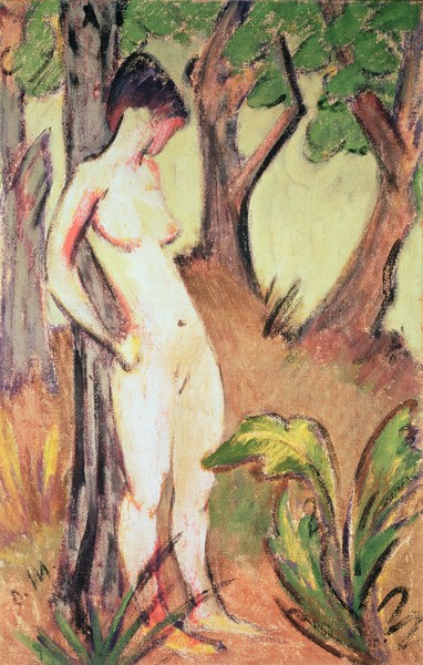 Otto Mueller, Nude Standing Against a Tree (oil on canvas) (Akt, Aktmalerei, nackt, Frau, Baum, Wald, Expressionismus, Malerei, Wunschgröße, Wohnzimmer, bunt)