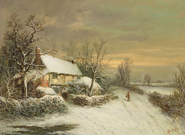 William Oliver Stone, A Cottage in Winter, 19th century (Landschaft, Winterlandschaft, Bauernhof, Fußgänger, Schnee, Kälte, Jahreszeit, Nostalgie, romantisch, Wohnzimmer, Wunschgröße, Malerei, bunt)