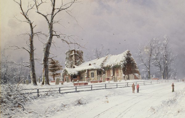 Nils Hans Christiansen, Winter Scene with Figures on a Path near a Church (Landschaft, Winterlandschaft, Schnee, verschneit, Bauernhaus, karg, kahle Bäume, Dänemark, Klassiker, Landschaftsmalerei, Wohnzimmer, Wunschgröße)