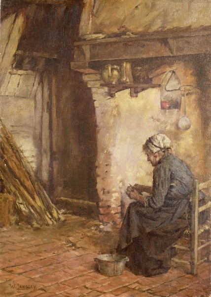 Walter Langley, Old Woman Peeling Potatoes (Genre, Interieur, Bauernhaus, Alte Frau, Kartoffeln schälen, Malerei, Impressionismus, Klassische Moderne, Wohnzimmer, Esszimmer, Wunschgröße, bunt)