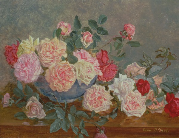 Eleanor Stuart Wood, Roses in a Blue Vase, 19th century (Stillleben, Blumen, Rosen, Blumenschale, Realismus, Malerei, Wunschgröße, Wohnzimmer, Esszimmer, Malerei, bunt)