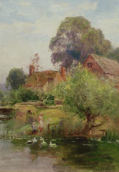 Henry John Yeend King, The Duck Pond (Landschaftsmalerei,Bauernhaus, Idylle, Kinder, Enten, Teich, romantisch, Malerei, Klassiker, Wohnzimmer, Wunschgröße, bunt)