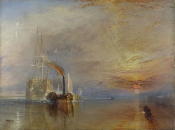 Joseph Mallord William Turner, The Fighting Temeraire, 1839 (oil on canvas) (Seestück, Schiffe, Kampfschiff, Wrack, Abwracken, Schleppen, Sonnenuntergang, Romantik, Freilichtmalerei, Meeresbrise, Klassiker, Wohnzimmer, Wunschgröße, bunt)