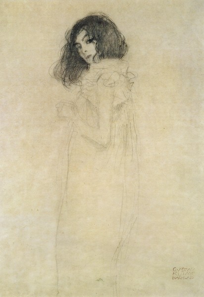 Gustav Klimt, Portrait of a young woman, 1896-97 (Klassische Moderne,Zeichnung,   Jugendstil, Eros&People, junge Frau, Blick, kokett, Portrait, , Wohnzimmer, Treppenhaus, Schlafzimmer, Wunschgröße, schwarz/weiß)