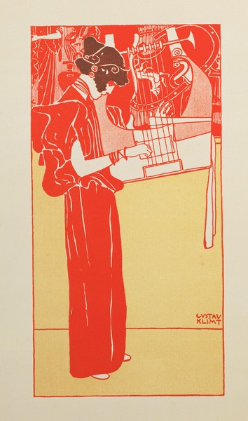 Gustav Klimt, Musik (lithograph) (Klassische Moderne,dekorativ, Jugendstil, Allegorie, Musik, Frau, Harfe, Instrument,  Wohnzimmer, Treppenhaus, Schlafzimmer, Grafik Wunschgröße, rot/beige)