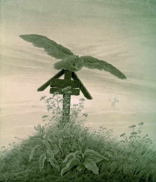 Caspar David Friedrich, Owl on a Grave, 1836-7 (sepia) (Grab, Holzkreuz, Rasenstück, Gräser, Kräuter, Eule, Schwingen, Flügel,  mystisch, Klassiker, Wohnzimmer, Malerei, Romantik,  Wunschgröße, sepia)