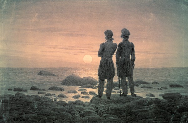 Caspar David Friedrich, Two Men by The Sea (Meer, Männer, Zuschauer, Sonnenuntergang, Sehnsucht, Horizont, Klassiker, Wohnzimmer, Malerei, Romantik,  Wunschgröße, bunt)