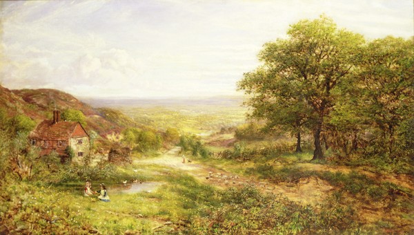 George William Mote, Landscape with Children by a Pond, 1884 (Landschaft, Landschaftsmalerei, Idylle, Kate, Bauernhaus, romantisch, Teich, Kinder, Klassiker, Wohnzimmer, Wunschgröße, bunt)