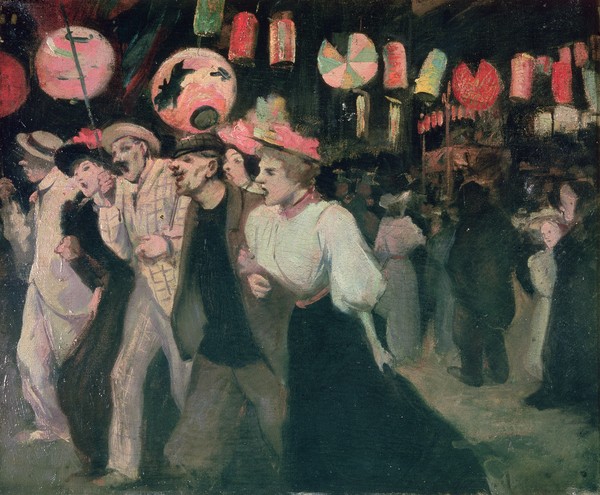 Théophile-Alexandre Steinlen, The 14th July 1895 (Art Nouveau, Jugendstil, Tanz, Spaß, Vergnügen, Feiertag, Lampions, Abendszene, Wohnzimmer, Treppenhaus, Wunschgröße, bunt,)