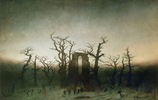 Caspar David Friedrich, Abbey among Oak Trees, 1809-10 (oil on canvas) (Ruine, Klosterruime, Winter, Eichen, kahl, düster, mystisch, Klassiker, Wohnzimmer, Malerei, Romantik,  Wunschgröße, bunt)