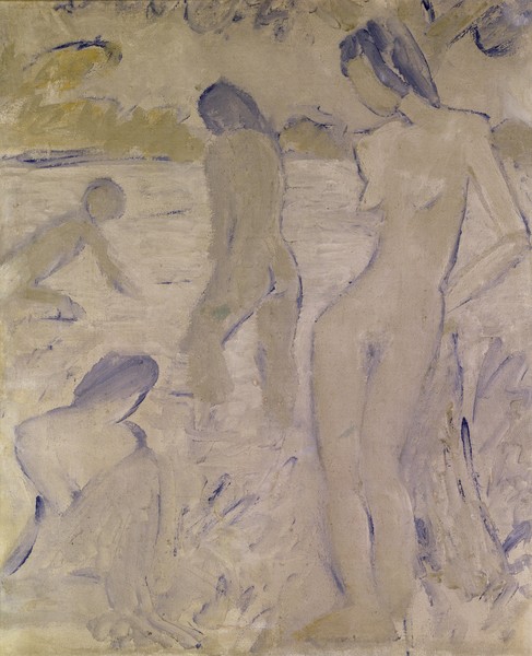 Otto Mueller, The Bathers, 20th century (Aktmalerei, Badende, nackt, Frauen, See, Expressionismus, Malerei, Wunschgröße, Wohnzimmer, bunt)