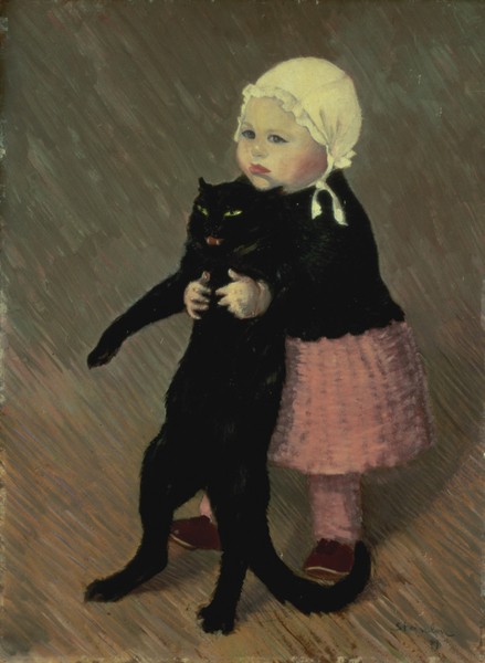 Théophile-Alexandre Steinlen, A Small Girl with a Cat, 1889 (Art Nouveau, Jugendstil, Katze, Kind, Tier, Haustier, Malerei, Wohnzimmer, Treppenhaus, Wunschgröße, bunt)