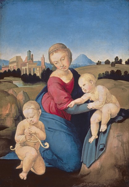 Raphael, The Esterhazy Madonna, c.1507-08 (tempera & oil on poplar panel) (Madonna, Maria, Jesus, Johannes, Kinder, Landschaft, Religion, christlich, Renaissance, Malerei, Klassiker, Wunschgröße, Wohnzimmer, bunt)