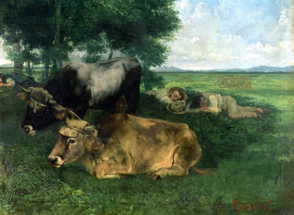 Gustave Courbet, La Siesta Pendant la saison des foins (and detail of animals sleeping under a tree), 1867, (oil on canvas)