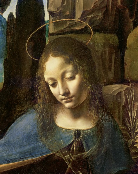 Leonardo da Vinci, Detail of the Head of the Virgin, from The Virgin of the Rocks (The Virgin with the Infant Saint John adoring the Infant Christ accompanied by an Angel), c.1508 (oil on panel) (Wunschgröße, Klassiker, Renaissance, Malerei, Jungfrau in der Felsengrotte, Heilige,  Maria, Religiös, Landschaft, Felsen, Felsengrotte, Detail, Schlafzimmer, Wohnzimmer, bunt)