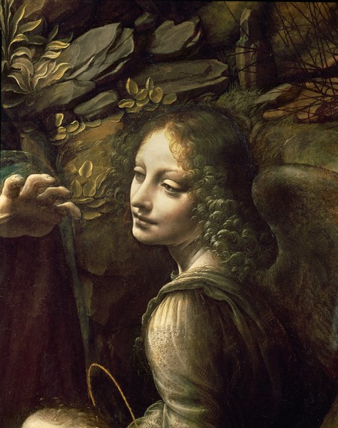 Leonardo da Vinci, Detail of the Angel, from The Virgin of the Rocks (The Virgin with the Infant St. John adoring the Infant Christ accompanied by an Angel), c.1508 (oil on panel) (Wunschgröße, Klassiker, Renaissance, Malerei, Engel, Erzengel, Uriel, Religiös, Landschaft, Felsen, Felsengrotte, Detail, Schlafzimmer, Wohnzimmer, bunt)