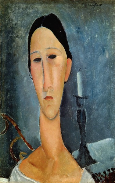 Amedeo Modigliani, Hanka Zborowska with a Candlestick, 1919 (Portrait, Gesicht, Frau, Kerzenständer, Kerze, Expressionismus, klassische Moderne, Malerei, Wohnzimmer, Treppenhaus, Wunschgröße, bunt)
