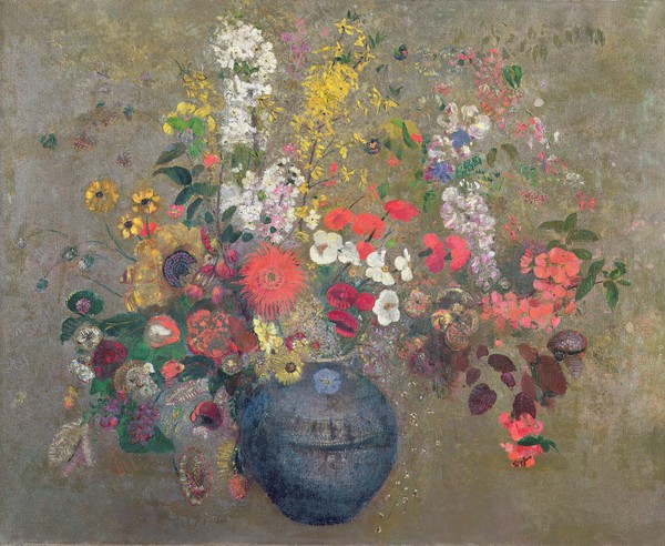Odilon Redon, Flowers, 1909 (oil on canvas) (Postimpressionismus, Stillleben, Blumenvase, Blüten, Blumen, Sommerblumen, floral, Klassiker, Malerei, Wohnzimmer, Esszimmer, Treppenhaus, Wunschgröße, bunt)