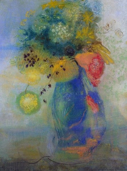 Odilon Redon, Vase of flowers (pastel) (Postimpressionismus, Stillleben, Blumenvase, Blüten, Blumen, Sommerblumen, floral, Klassiker, Malerei, Wohnzimmer, Esszimmer, Treppenhaus, Wunschgröße, bunt)