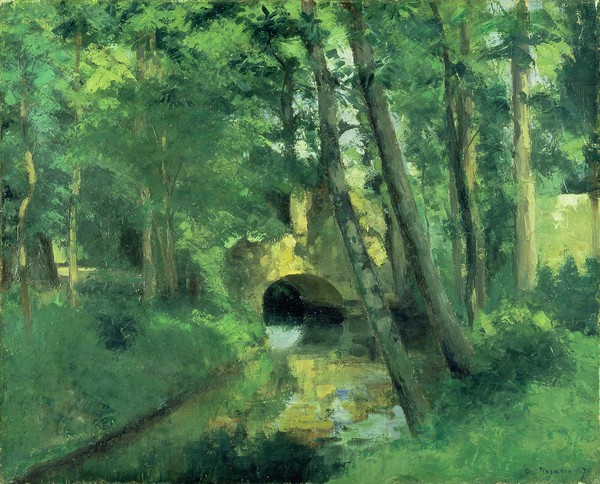 Camille Pissarro, The Little Bridge, Pontoise, 1875 (Landschaft, Landschaftsmalerei, Franreich, Wald, Fluss, Brücke, Idylle,  Frankreich, Impressionismus, Klassische Moderne, Wohnzimmer, Wunschgröße)