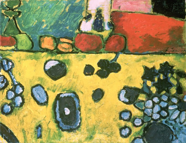 Alexej von Jawlensky, Still life with a colourful tablecloth, 1909 (Stilleben, Tisch, Tischdecke, Expressionismus, Klassische Moderne, Malerei, Wohnzimmer, Treppenhaus, Wunschgröße, bunt)
