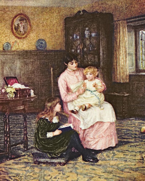 HELEN ALLINGHAM, Mother playing with children in an interior (Genremalerei, Interieur, Zimmer, Mutter, Kinder, Spiel, Idylle, Harmonie, romantisierend, süßlich, Wohnzimmer, Wunschgröße, Malerei, bunt)