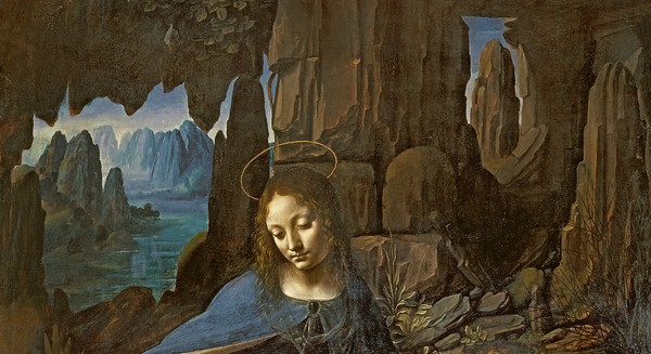 Leonardo da Vinci, The Virgin of the Rocks (with the Infant St. John adoring the Infant Christ accompanied by an Angel), c.1508 (oil on panel) (detail of 28916)