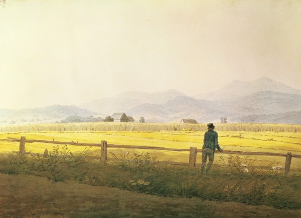 Caspar David Friedrich, View of Schmiedebergerkamm, c.1837 (w/c on paper) (Feld, Gatter, Wanderer, Berge, Dunst, Landschaftsmalerei, Klassiker, Wohnzimmer, Malerei, Romantik,  Wunschgröße, bunt)
