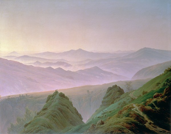 Caspar David Friedrich, Morning in the Mountains (oil on canvas) (Bergwelt, Berge, Gebirge, Dunst, Sonnenaufgang, Dämmerung, Wanderweg, Klassiker, Wohnzimmer, Malerei, Romantik,  Wunschgröße, bunt)