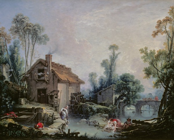 Francois Boucher, Landscape with a Watermill, 1755 (oil on canvas) (Wassermühle, ländlich, Wäscherinnen, bäuerlich, Genre, idealisiert, Idylle,  Landschaft, Rokoko, Malerei, Klassiker, Wunschgröße, Wohnzimmer, Schlafzimmer, bunt)