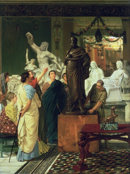 Lawrence Alma-Tadema, Dealer in Statues (oil on canvas) (Kunsthändler, Statuen, Antike, Laokoongruppe, antikisierend, romantisierend,  Akademischer Realismus, Idylle, Malerei, Wunschgröße, Wohnzimmer, bunt)