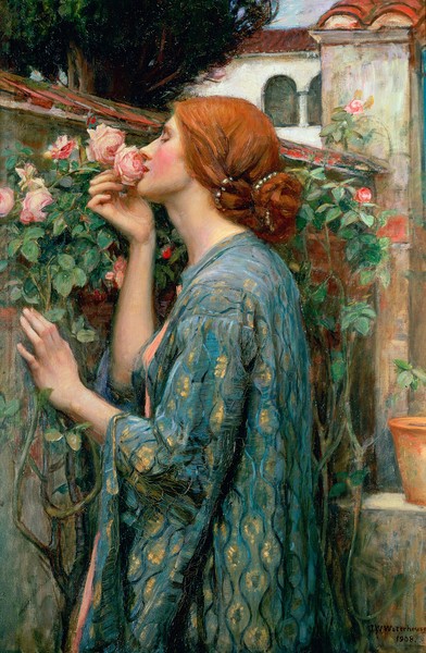 John William Waterhouse, The Soul of the Rose, 1908 (oil on canvas) (Wunschgröße, Malerei, Mädchen, junge Frau, Rosen, Duft, Schönheit, Symbolismus, Präraffaeliten, Klassiker, Esszimmer, Wohnzimmer, bunt)