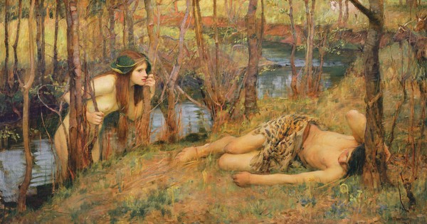 John William Waterhouse, The Naiad, 1893 (oil on canvas) (Wunschgröße, Malerei, Mädchen, Nymphe, Najade, schlfender Jüngling, Mythologie, Schönheit, Symbolismus, Präraffaeliten, Klassiker, Schlafzimmer, Wohnzimmer, bunt)
