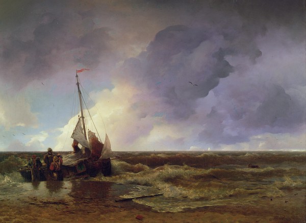 Andreas Achenbach, Coming Ashore (Seestück, Meer, Wellen, Segelboot, Stranden, Unwetter, stürmisch, Meeresbrise, Malerei, Wunschgröße, Wohnzimmer, bunt)
