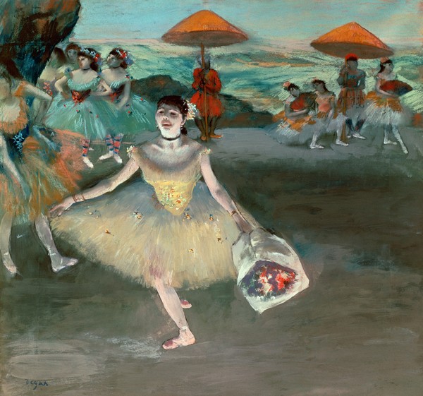 Edgar Degas, Dancer with bouquet, curtseying, 1877 (pastel on paper)